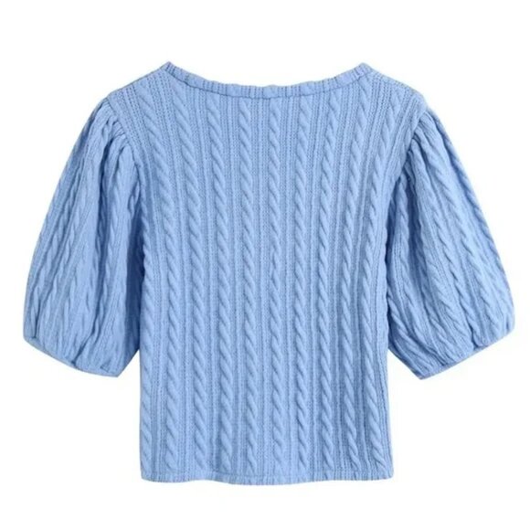 NWT ZARA Embroidered Cable Knit Short Sleeve Cropped Sweater Women’s Large Blue - Picture 3 of 3